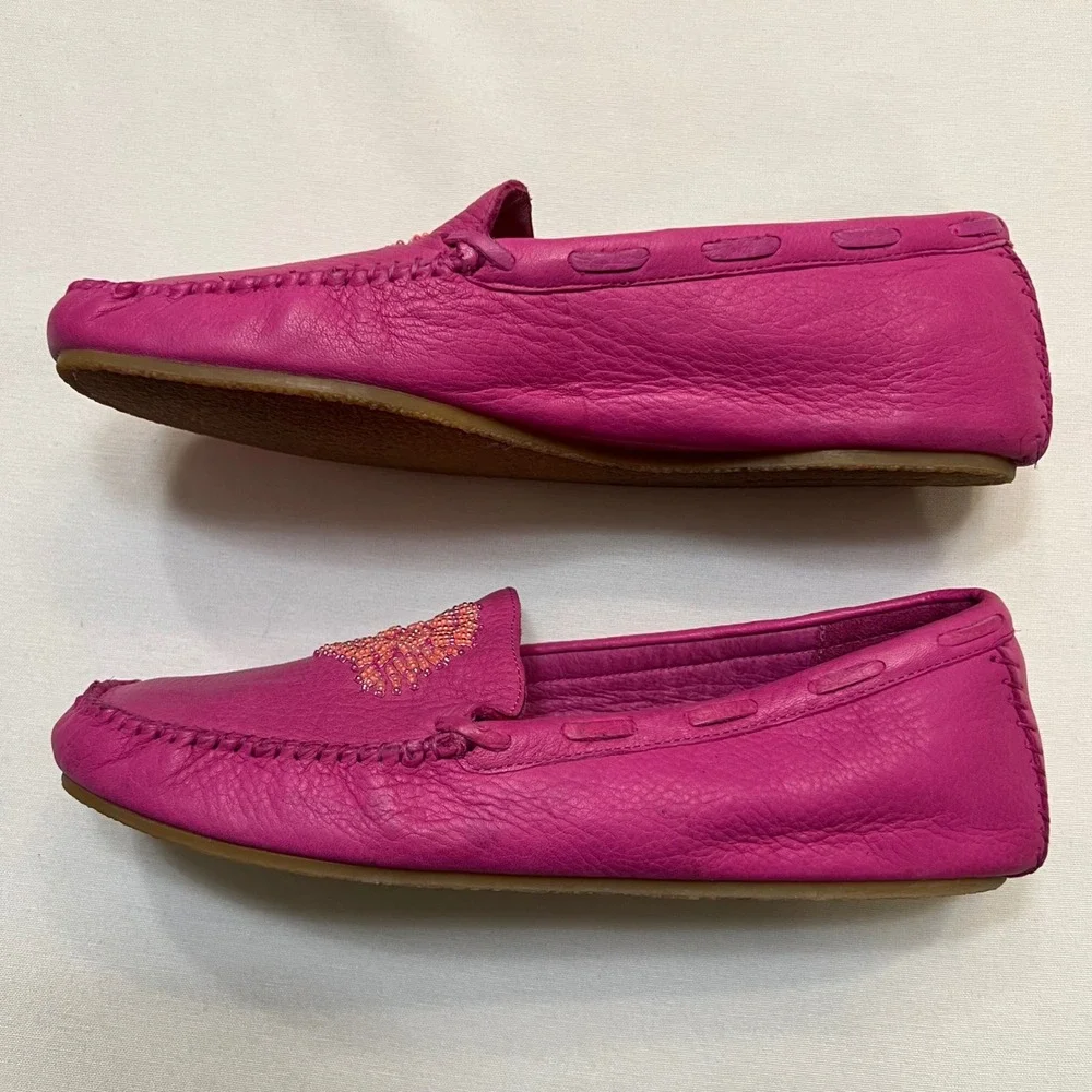 Hush Puppies Magenta Pink Beaded Boho Leather Moccasin Loafers Flats Size 7.5M